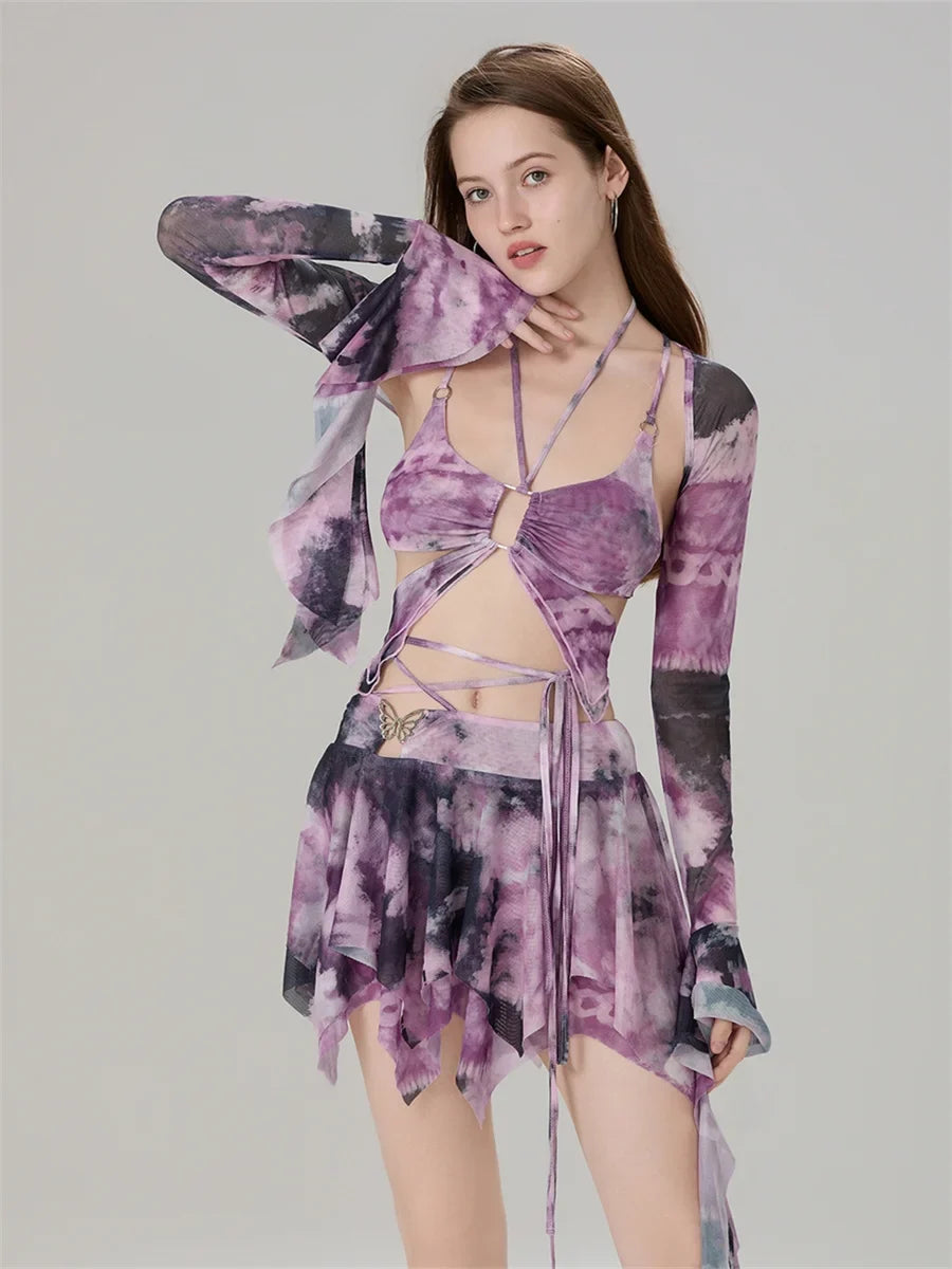 Women 3 Piece Sets Long Sleeve Shrug + Halter Tank Top + Irregular Pleated Skirts Y2K Aesthetic Gothic Sexy Streetwear