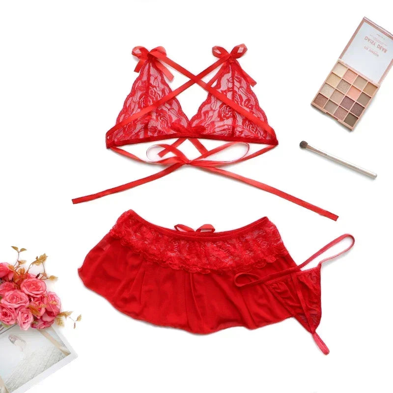 Lace Red 3Pcs Lingerie Set Sexy G-string Dress Exotic Apparel Erotic Underwear Lenceria Transparent Ropa Interior Porno Costumes