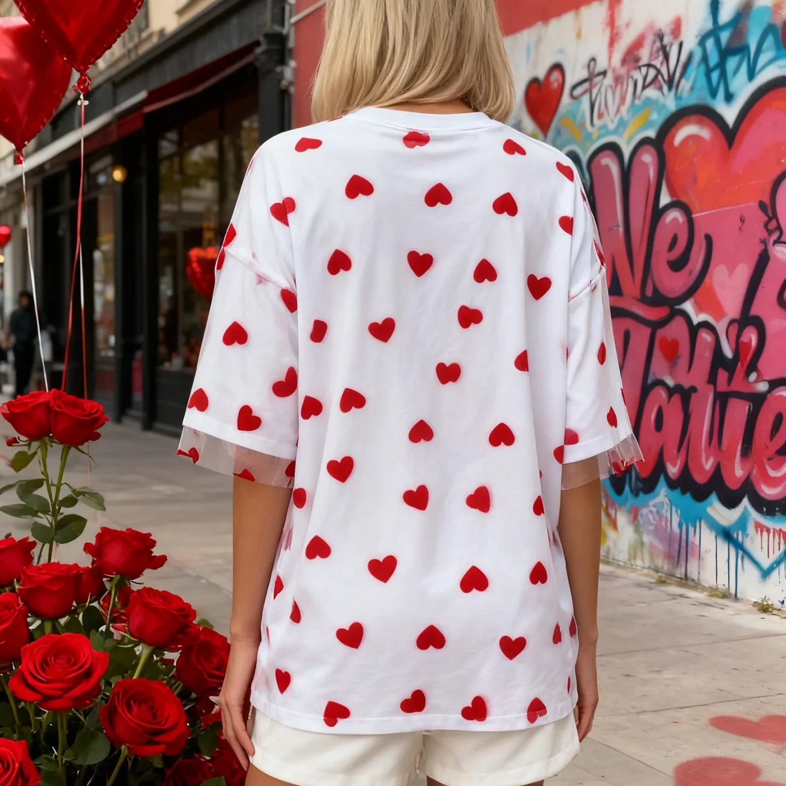 Summer T-Shirt Women Casual Loose Fit Stylish Love Heart Print Crew Neck Short Sleeve Tops