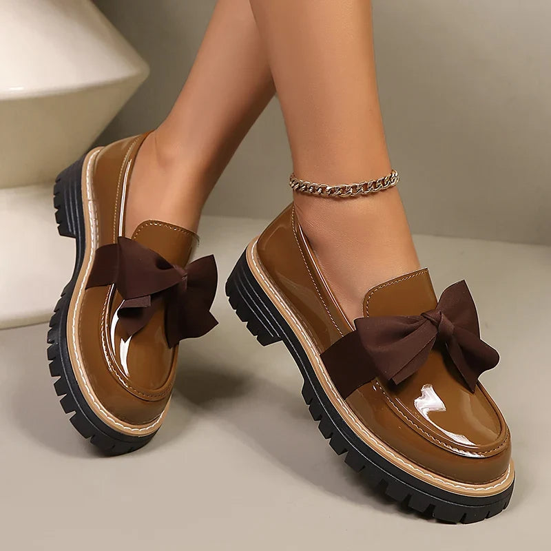 Fashion Bowknot Brown Loafers for Women 2026 Autumn Slip On Patent Leather Shoes Woman Comfort Plus Size 43 Platform Loafers