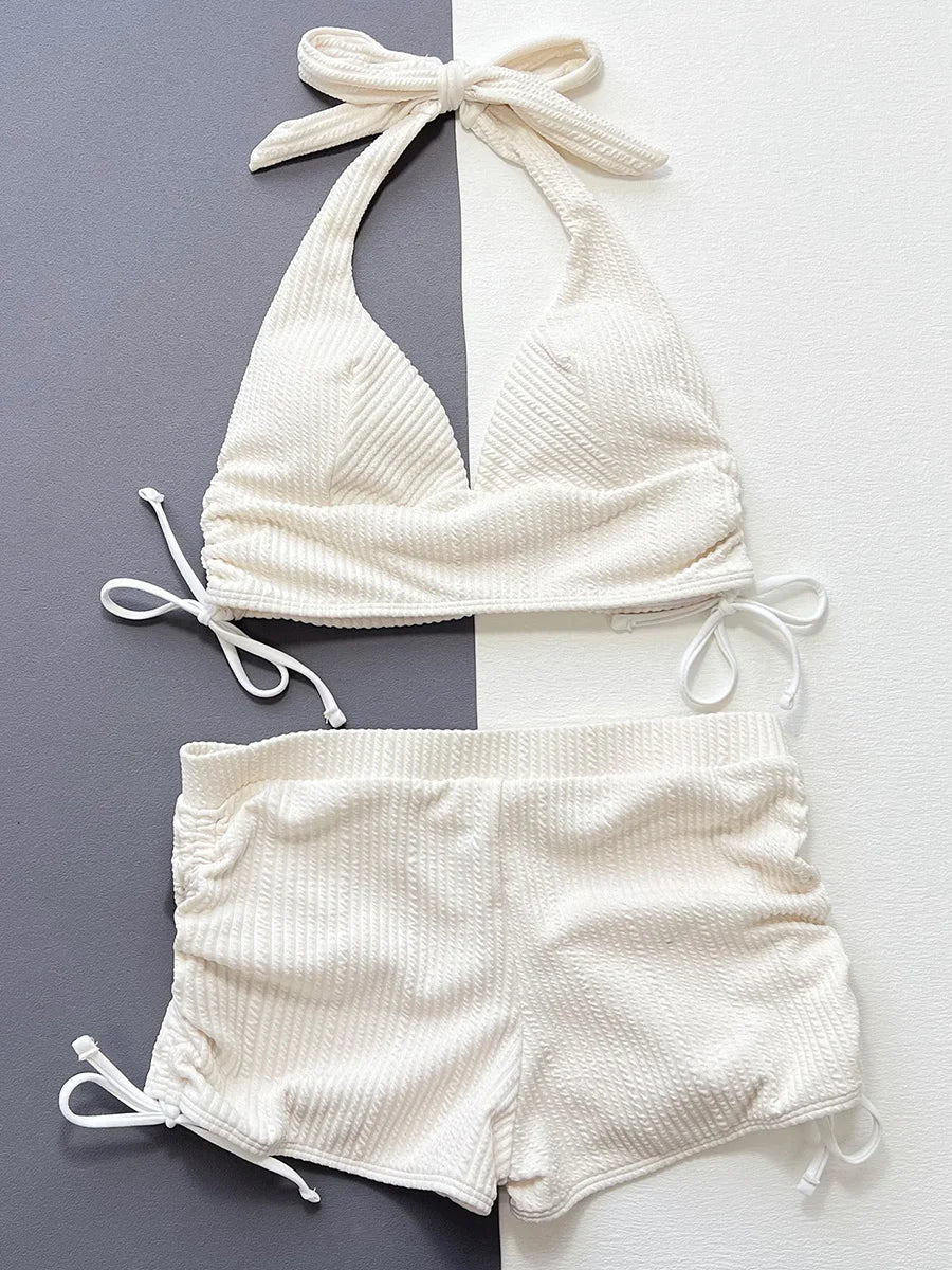 Halter V Neck Shorts Bikinis Female Swimsuit High Waist Bikini Women Swimwear Two-pieces Bikini Set Ribbed Bathing Suit Swim