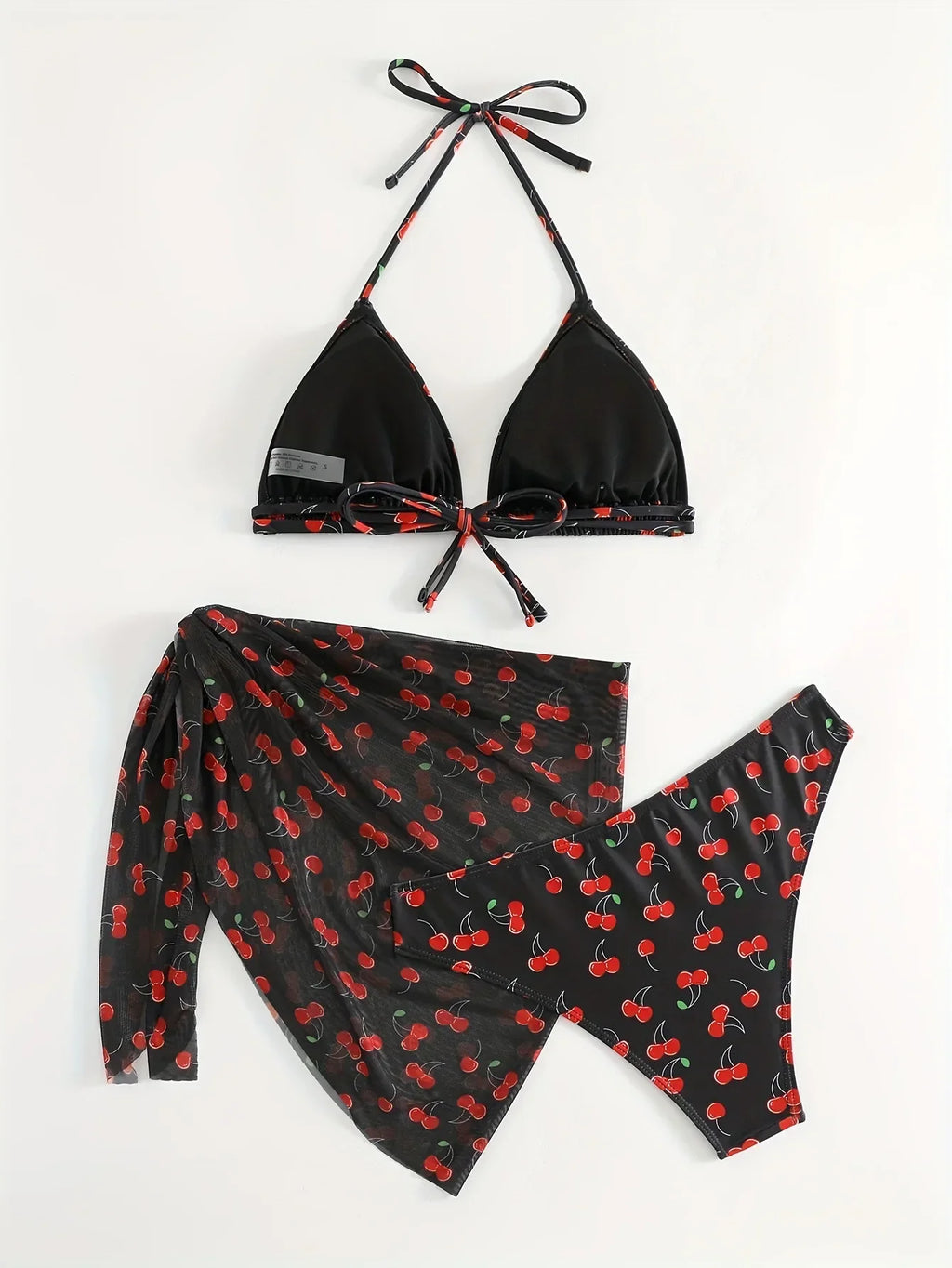 With Mesh Sarong Skirt Cherry Printed Bikini Female Swimsuit Women Swimwear Three Pieces Bikini Set Bathing Suit Swim Beachwear