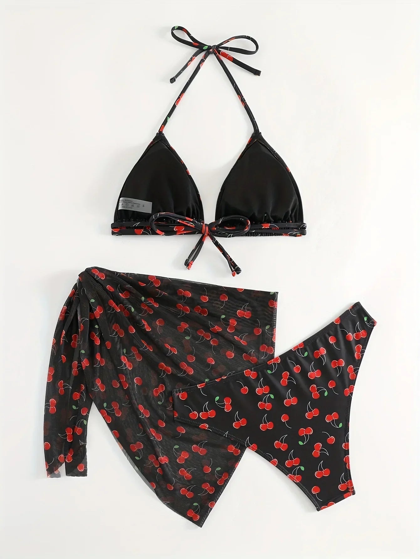 With Mesh Sarong Skirt Cherry Printed Bikini Female Swimsuit Women Swimwear Three Pieces Bikini Set Bathing Suit Swim Beachwear