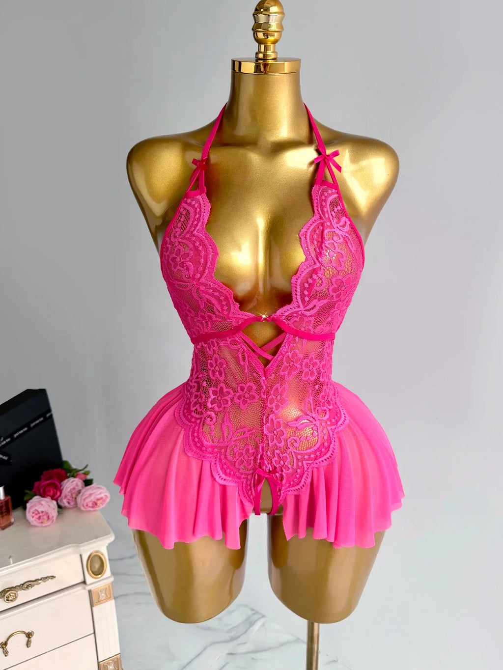 Elegant Lace Halter Neck Teddy Bodysuit With Bow Detail And Ruffled Hem Sexy Women's Lingerie