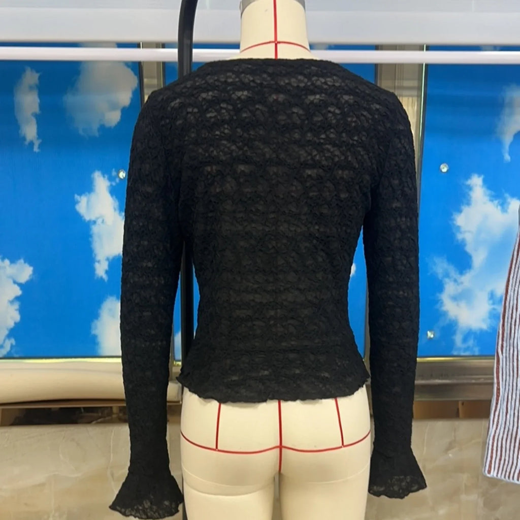 Solid Color Long Sleeve Going Out Lace Top Women Sheer Tops Elegant Round Neck Slim Fit White Textured Button Up T-shirts