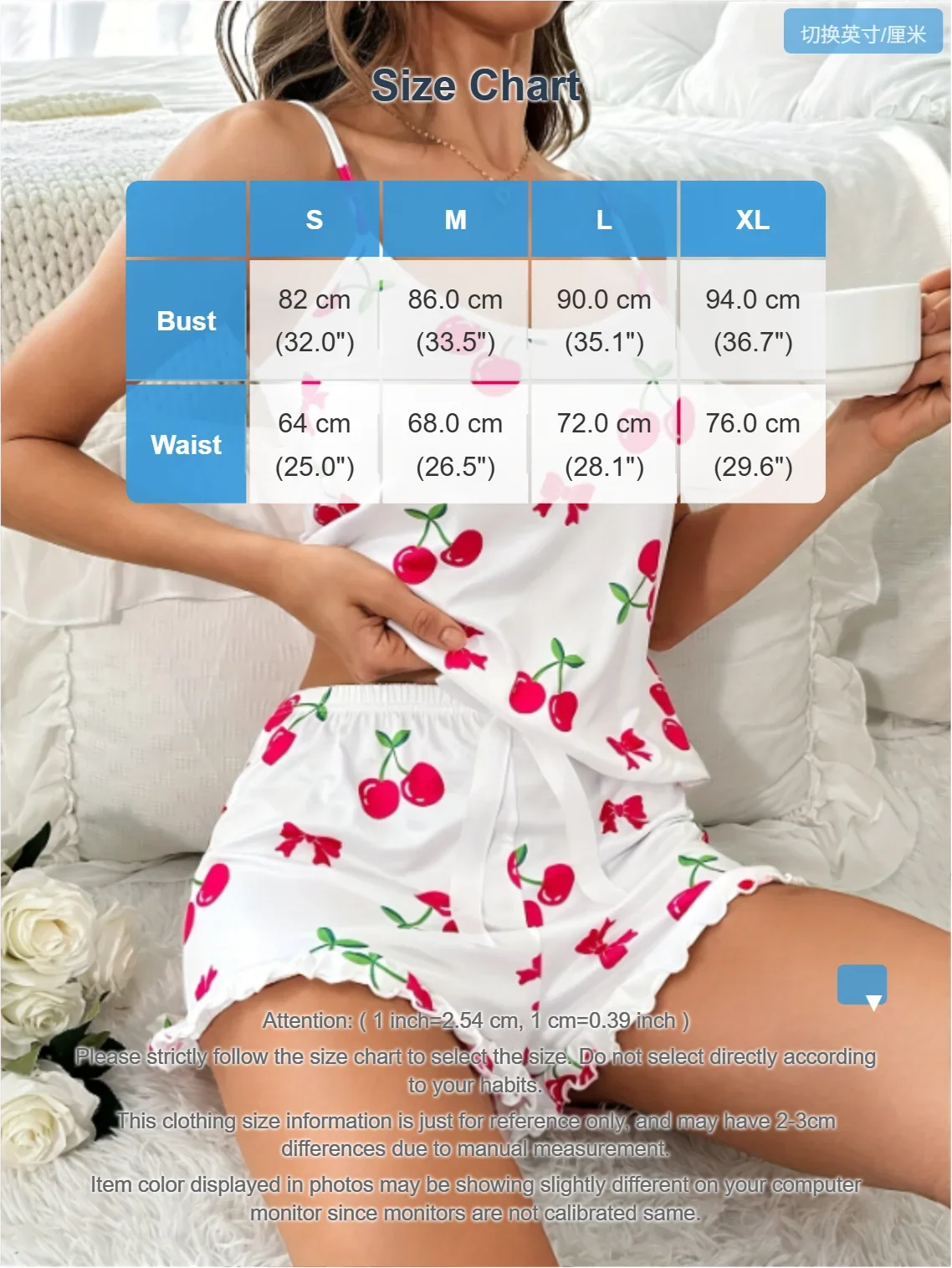 Cherry Print Women Pajama Set 2 Piece Sleepwear Cute Cami Top and Ruffle Shorts Nightwear Lounge Set Homewear for Women Girls