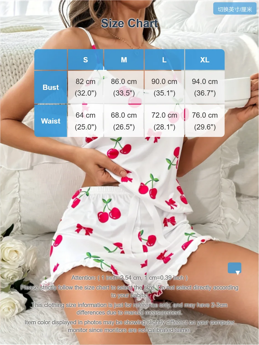 Women’s Cherry Print Cami Pajama Set 2 Piece Bow Detail Ruffle Shorts Cute Sleepwear Loungewear Summer