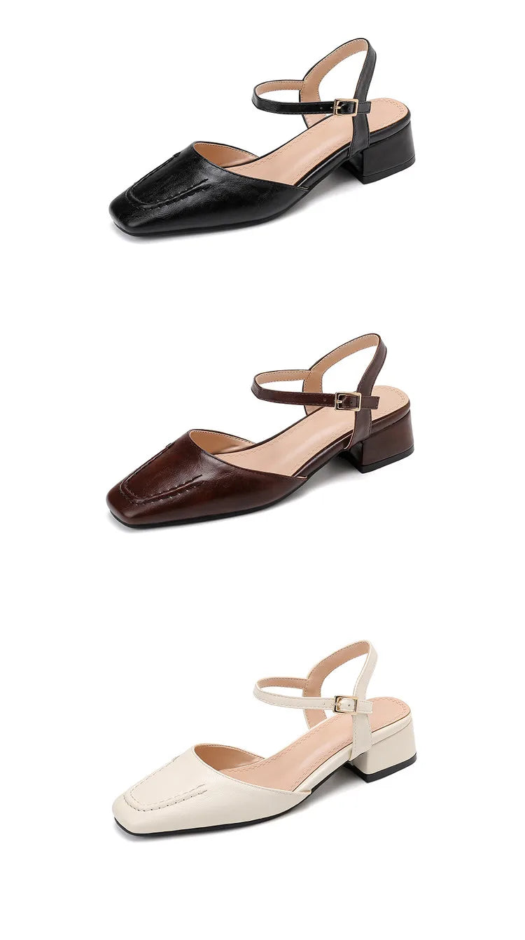 Plus Size 34-41 Women's Sheepskin Narrow Band T-strap Square Toe Summer Sandals 3.5cm Thick Low Heel Elegant Ladies Dress Shoes