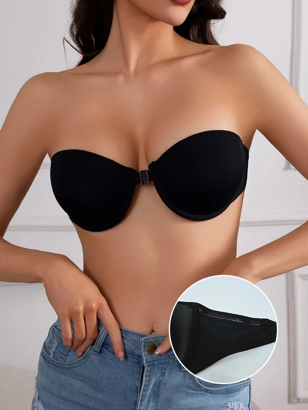 Women's Half Cup Strapless Bra Front Closure Clear Strap Bra Non-Slip Silicone Band Underwire Support Women's Underwear