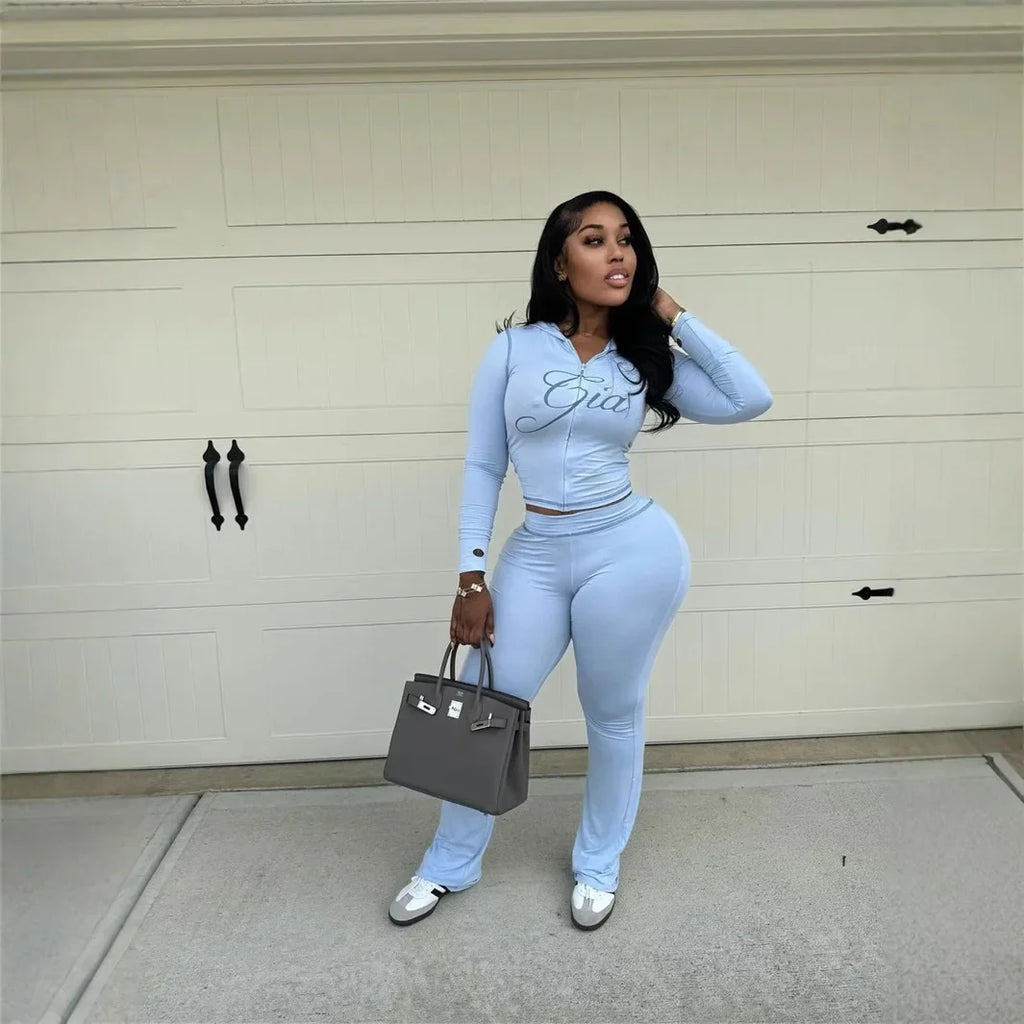 2026 New Women Ins Fashion Solid Color Sexy Straight Shoulder Contrast Stitch Long Sleeve 2 Piece Outfit