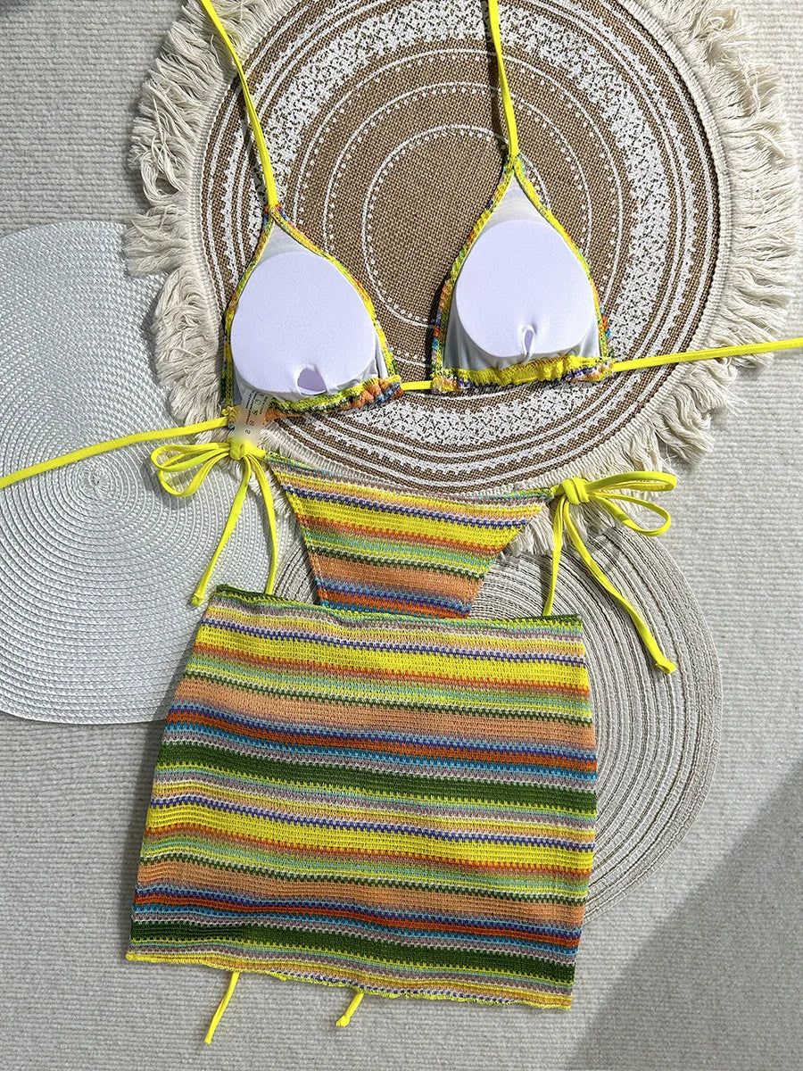 3PCS With Skirt Sarong Knitted Striped Bikini Women Swimsuit Female Swimwear Three Pieces Bikini Set Bathing Suit Swim Beachwear
