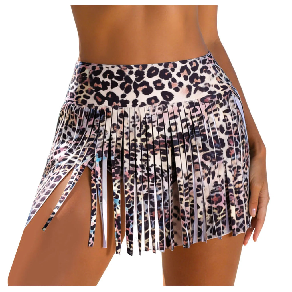 Women Leopard Print Swim Skirt Shorts Tassel Fringe High Waist Bikini Bottom For Beach Party Summer Vacation Pool Bathing Suits