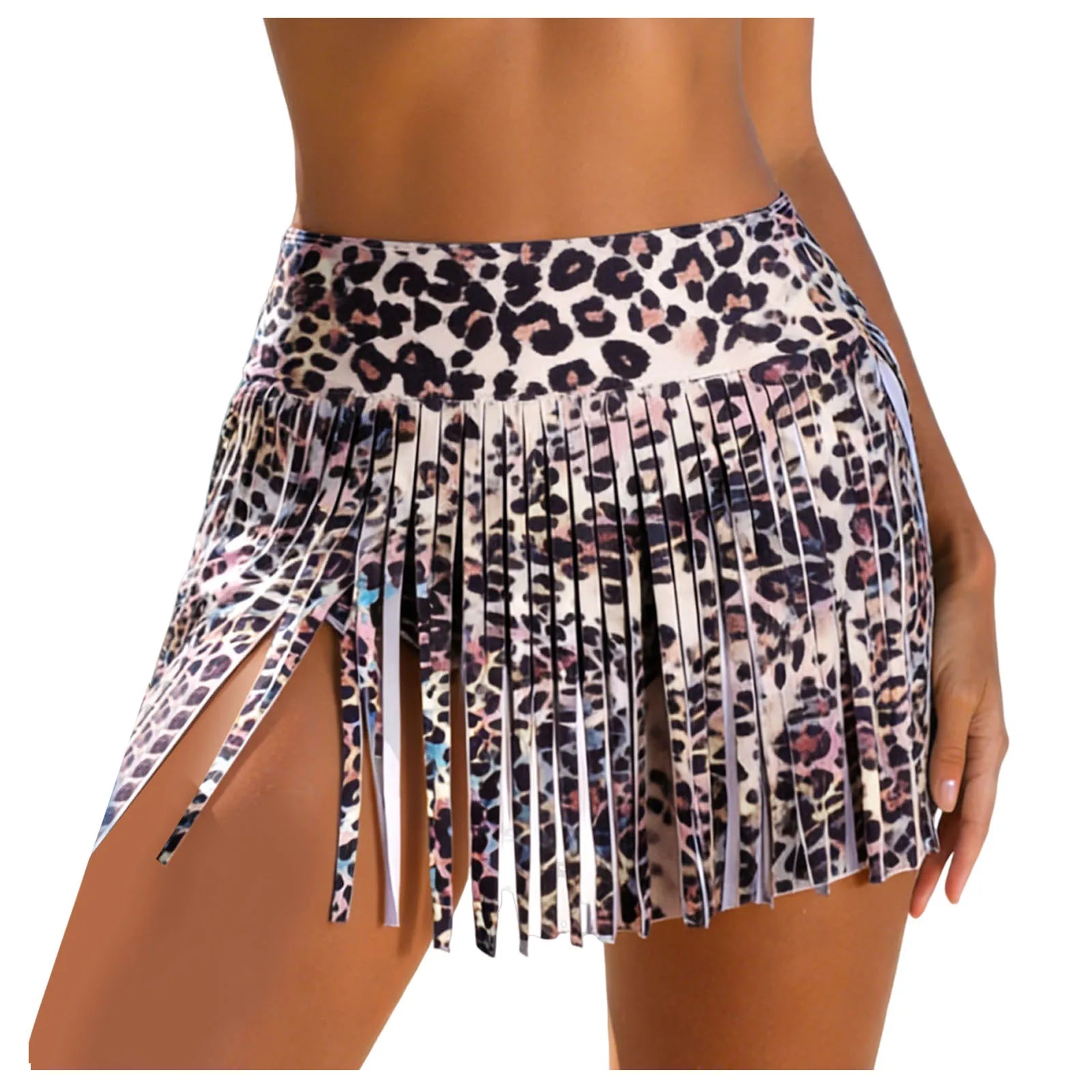Women Leopard Print Swim Skirt Shorts Tassel Fringe High Waist Bikini Bottom For Beach Party Summer Vacation Pool Bathing Suits