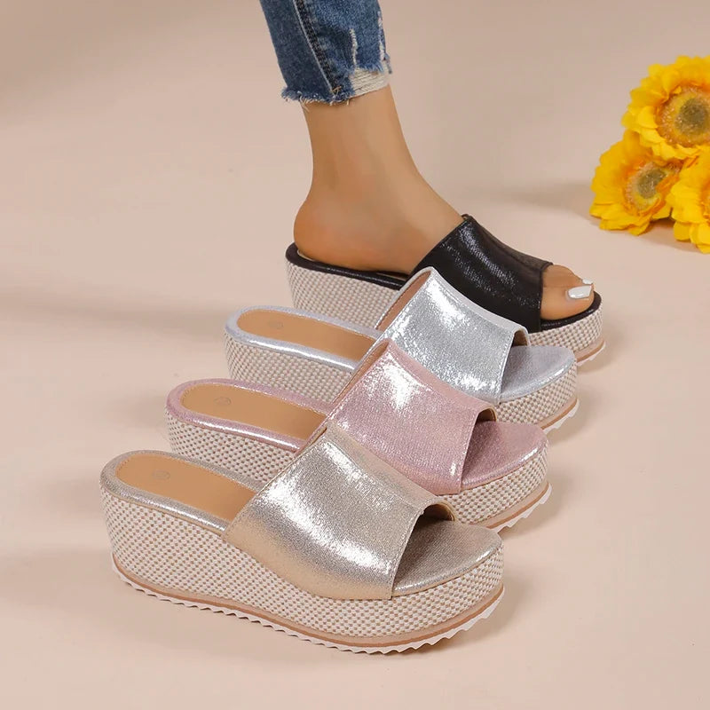 2025 Summer Chunky Platform Slippers for Women Pu Leather Wedges High Heel Sandals Woman Plus Size 36-43 Beach Sandles Female