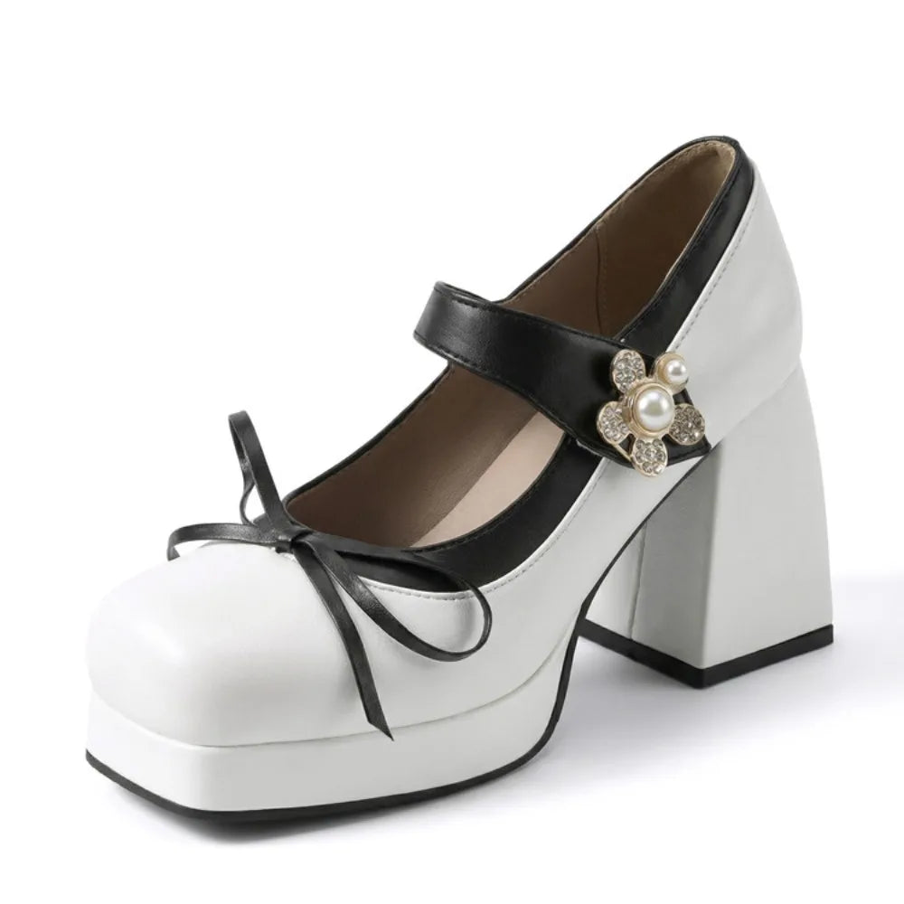 Purple Women Pumps Square Toe 9cm For Women Mary Janes Lolita Block Heel Platform Bowknot Princess Leather Shoes Big Size 34-48