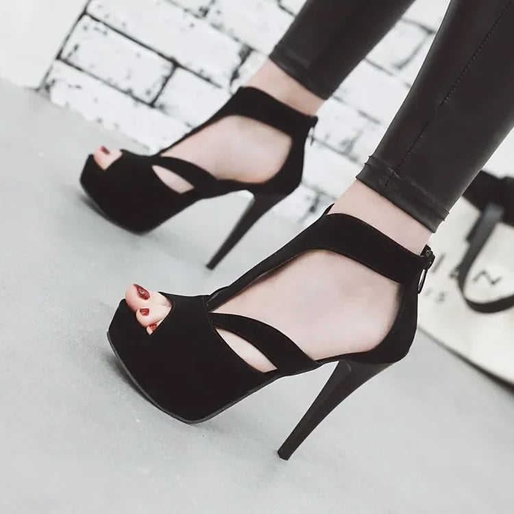 Summer New Pattern Europe and America Fashion Black Sexy Fine Heel Waterproof Fish Mouth High-heeled Women Sandals Size 34-43
