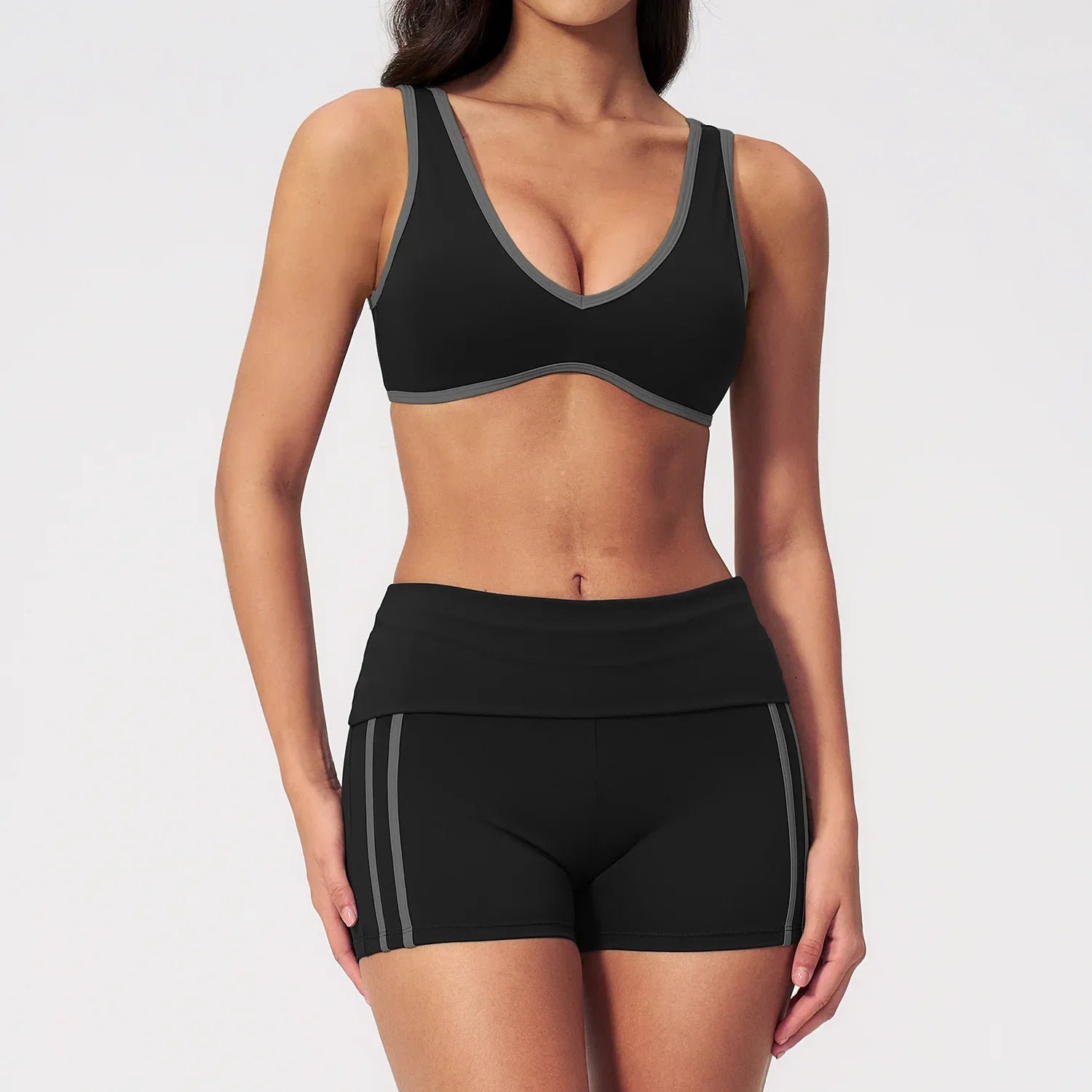 Tight Color Contrast Yoga Suit 2 Pieces Women V Neck Sports Bra Pleate High Waist Shorts Gym Running Fitness Suits Tracksuit