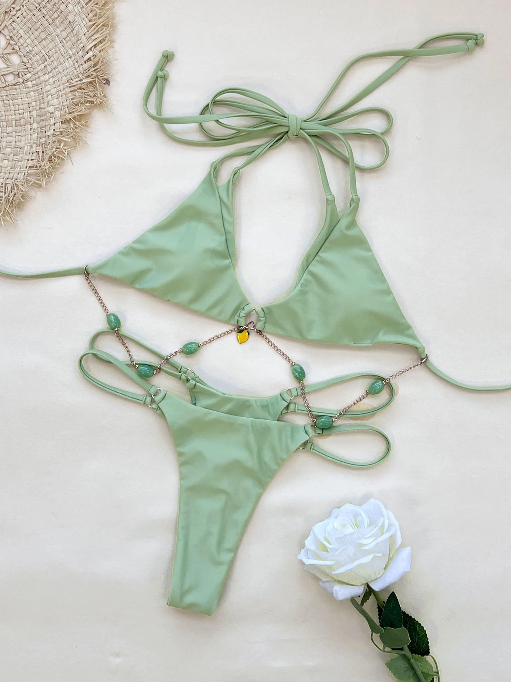Sexy Halter Neck Chain Accents Bikini Women Swimwear Fashion Lady Double Strap Detail Biquini Swimsuit Mujer Beach Bathing Suit