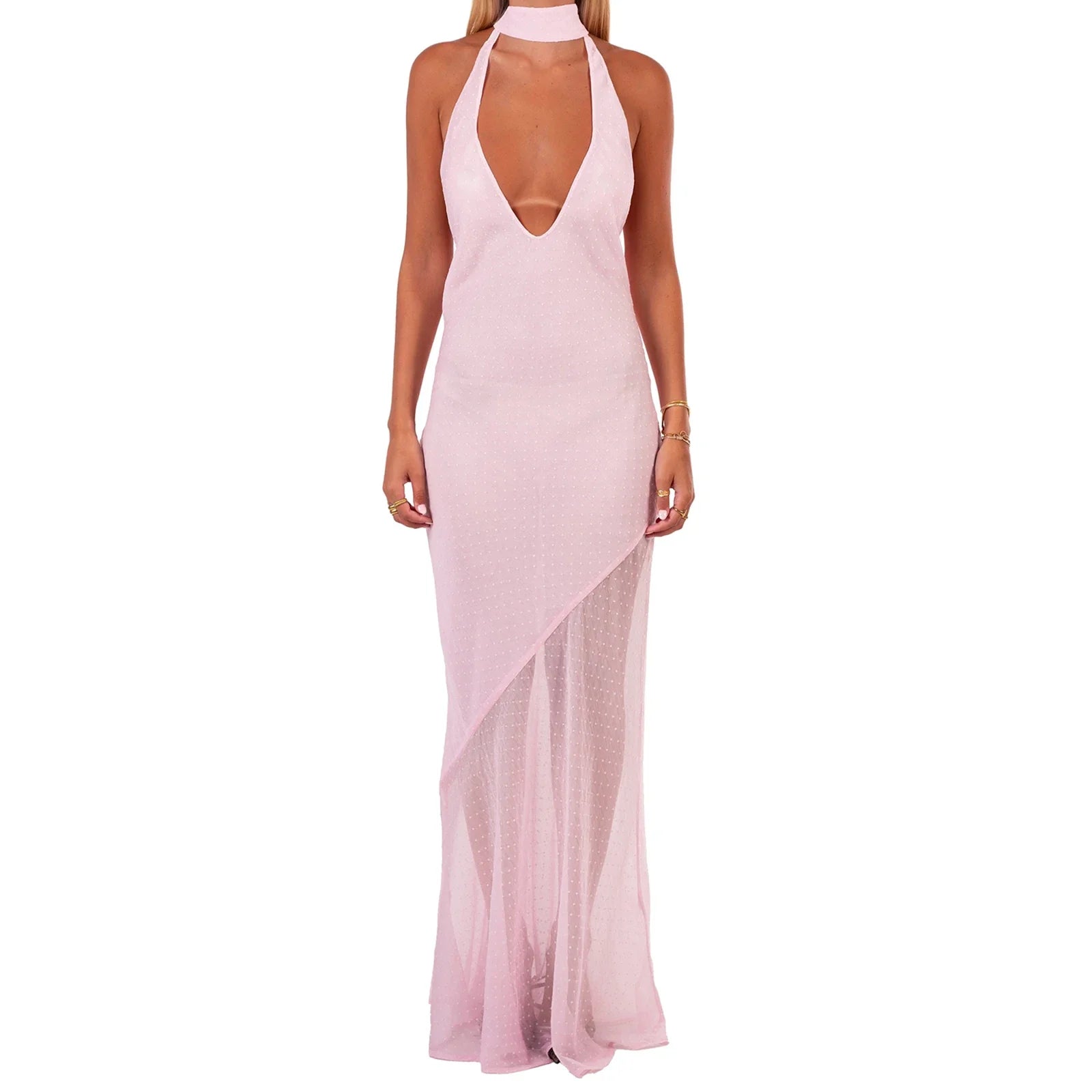 Women's Summer Dress Dot Print Backless Halter Slim Fit Long Dress with Scarf Party Elegant Dresses