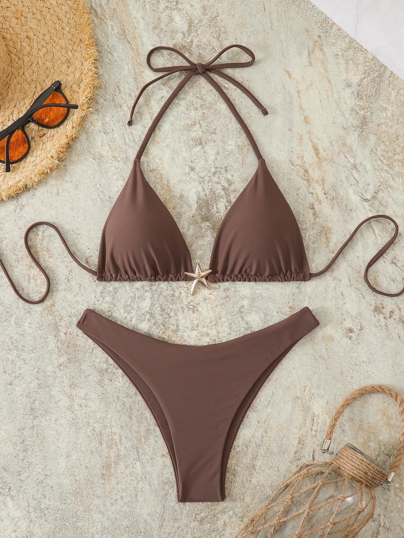 Halter Triangle String Bikinis 2026 Women Sexy Swimsuit Solid Starfish Swimwear Female Bathers Bathing Swimming Swim Suit
