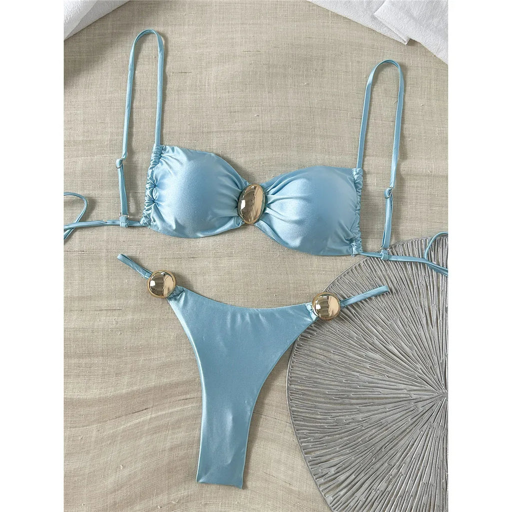 Sexy Metal Ring Bikini Women Swimwear Female Swimsuit Two-Pieces Bikini Set High Cut Leg Padded Bather Bathing Suit Swim V8311