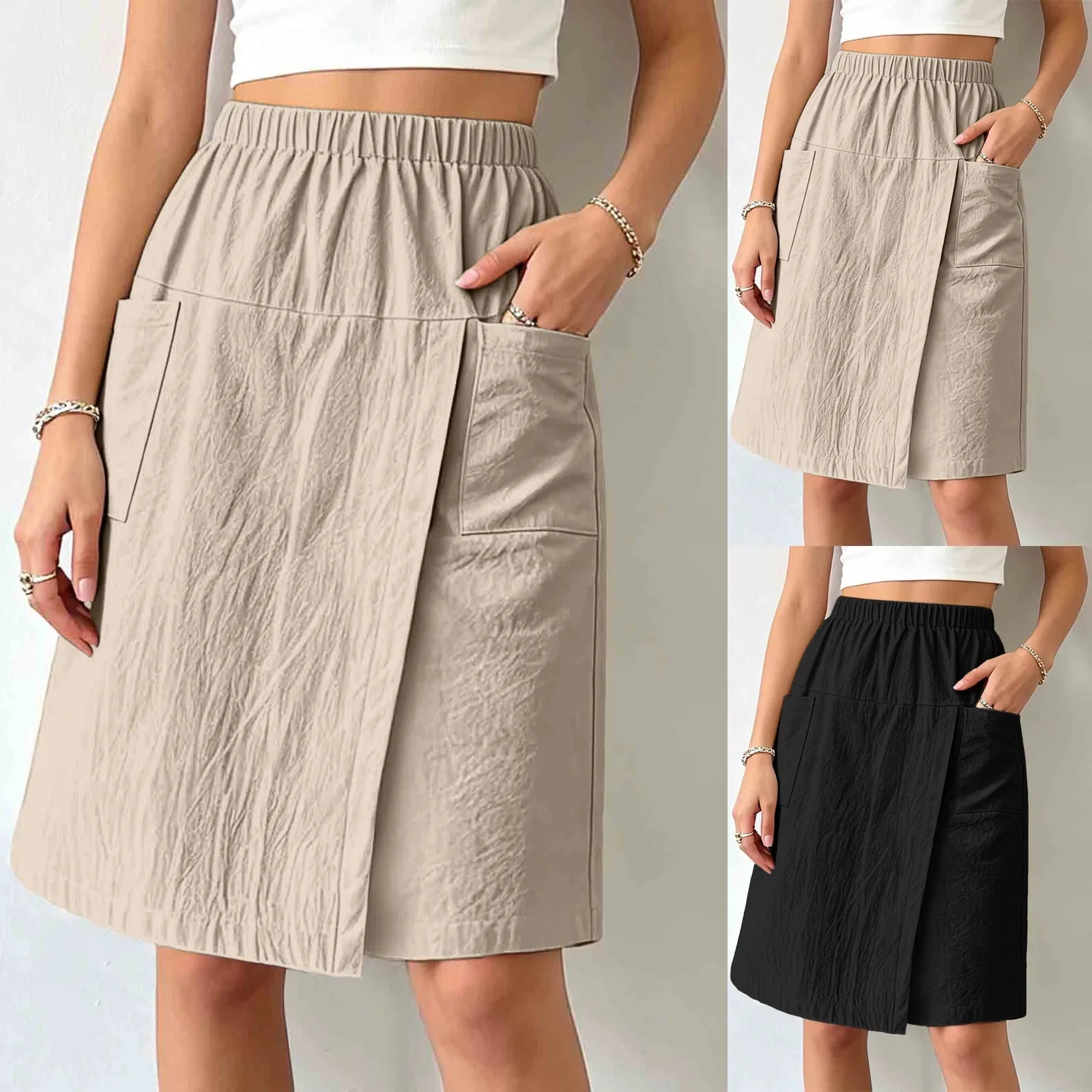 Women's Textured Wrap Skirt Shorts Solid Color Elastic Waist Midi Skort With Pocket Casual Loose Fit Layered A Line Summer Short