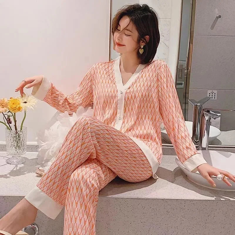 Spring and Summer New Ice Silk Pajamas Homewear Set Girls Long-Sleeved V-Neck Cardigan Simulation Silk Lapel Pajamas Homewear Se