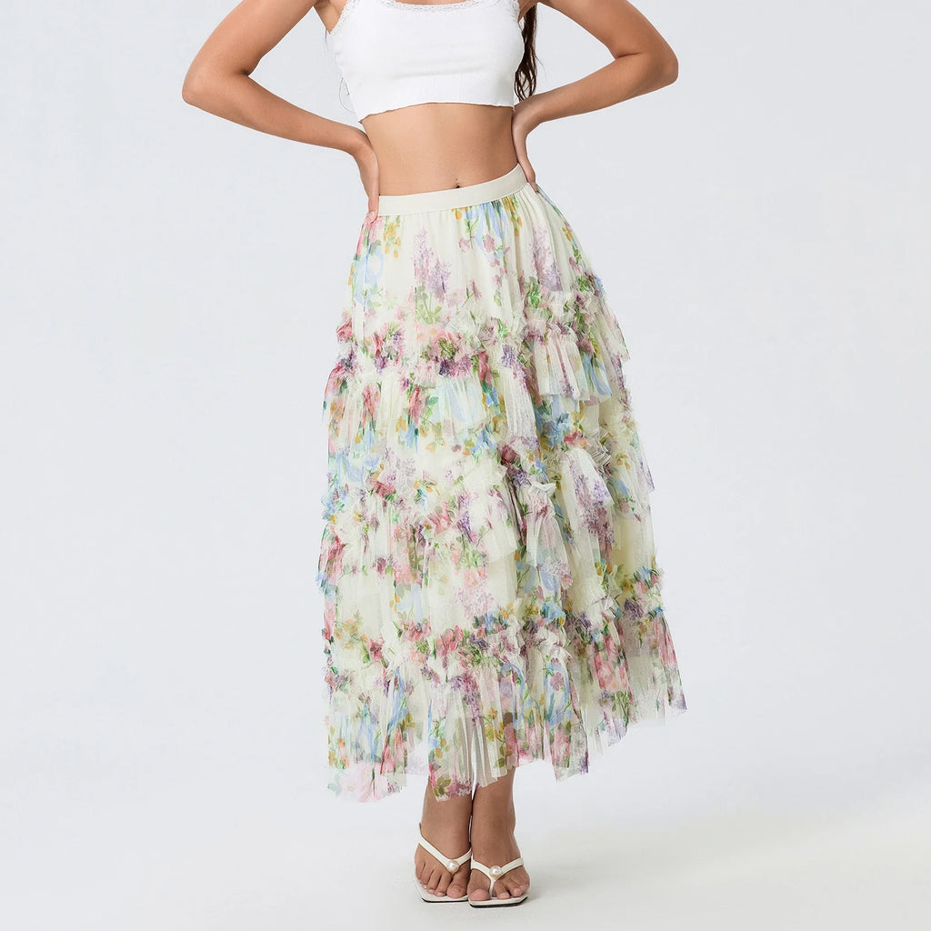 Early Fall Floral Print Ruffle Mesh Skirt Women Irregular Flowy A-line Midi Skirt for Travel, Beach, Shopping