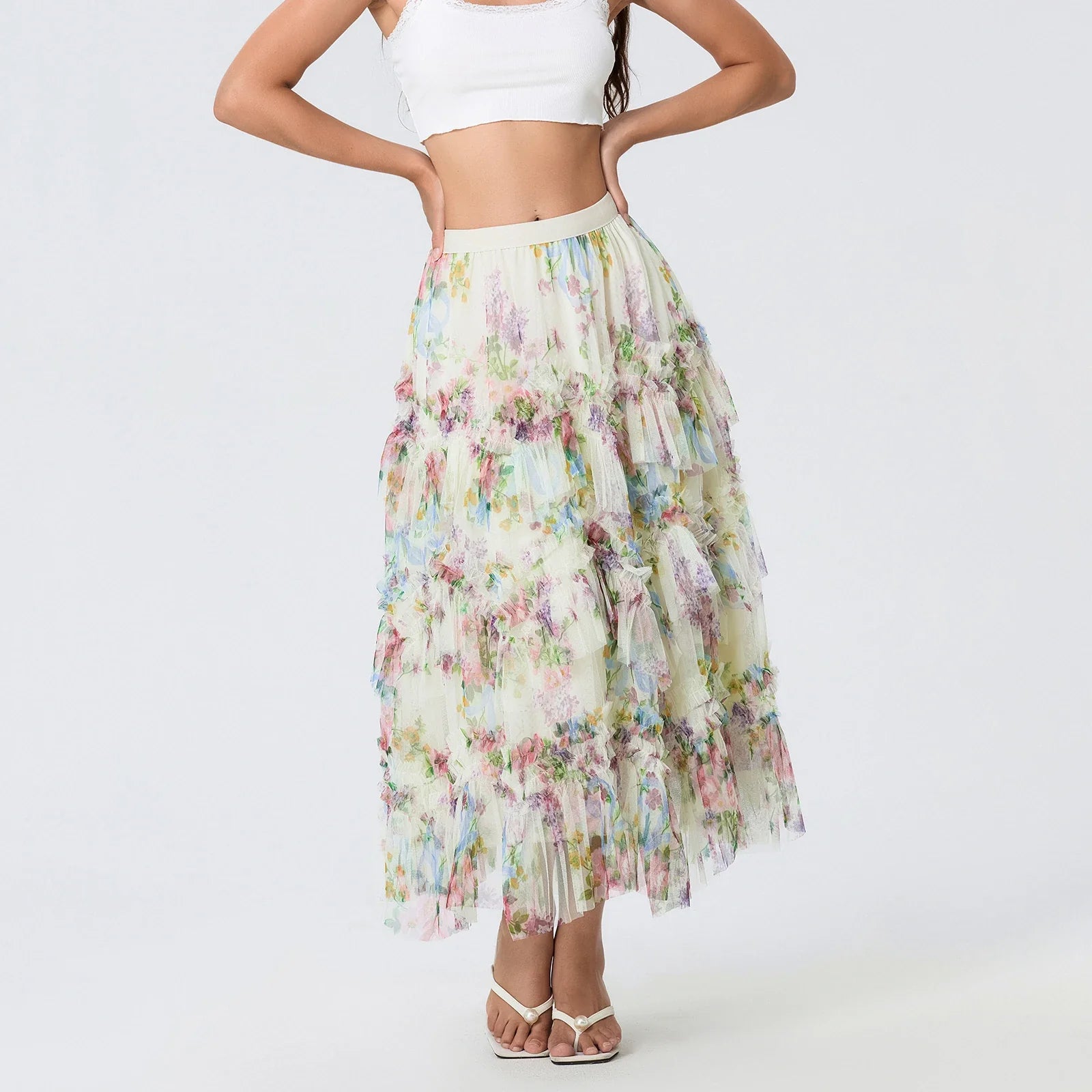 Early Fall Floral Print Ruffle Mesh Skirt Women Irregular Flowy A-line Midi Skirt for Travel, Beach, Shopping