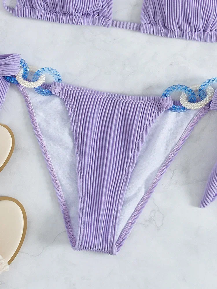 Sexy Halter Rings Ribbed Bikini 2025 Female Swimsuit Women Swimwear Two-pieces Bikini Set Brazilian Bathing Suit Swim Beach Wear
