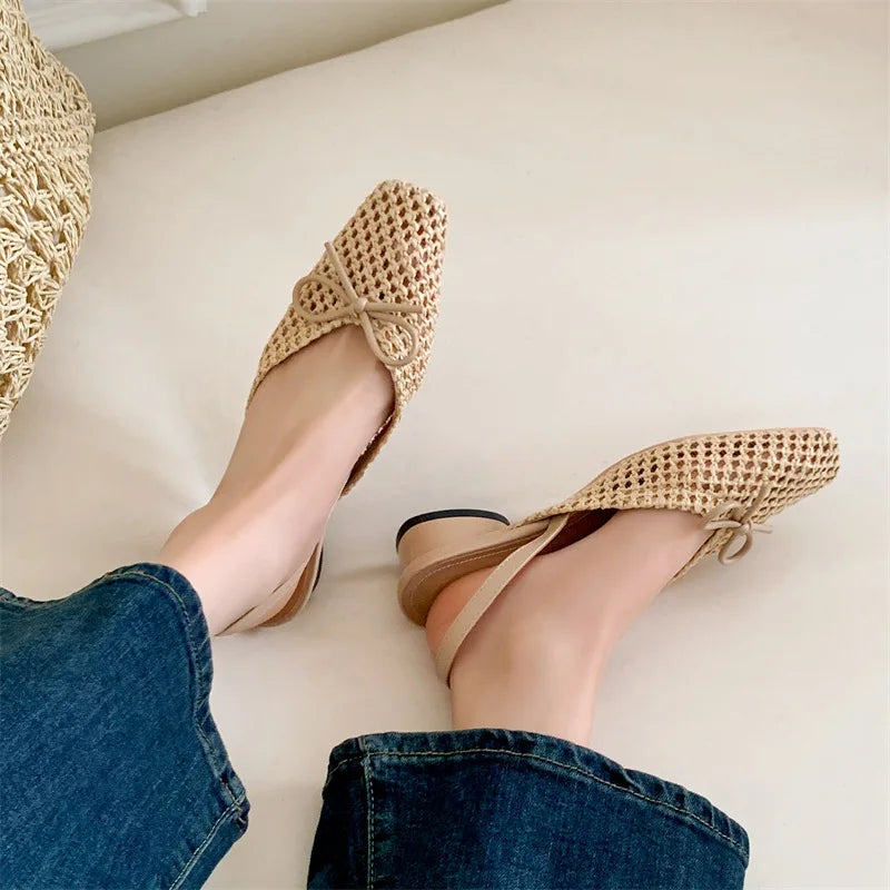 Woven Bow Back Strap Design Sandals Women's Summer New Square Head Shallow Mouth Single Shoe Comfortable Elegant Cool Pumps