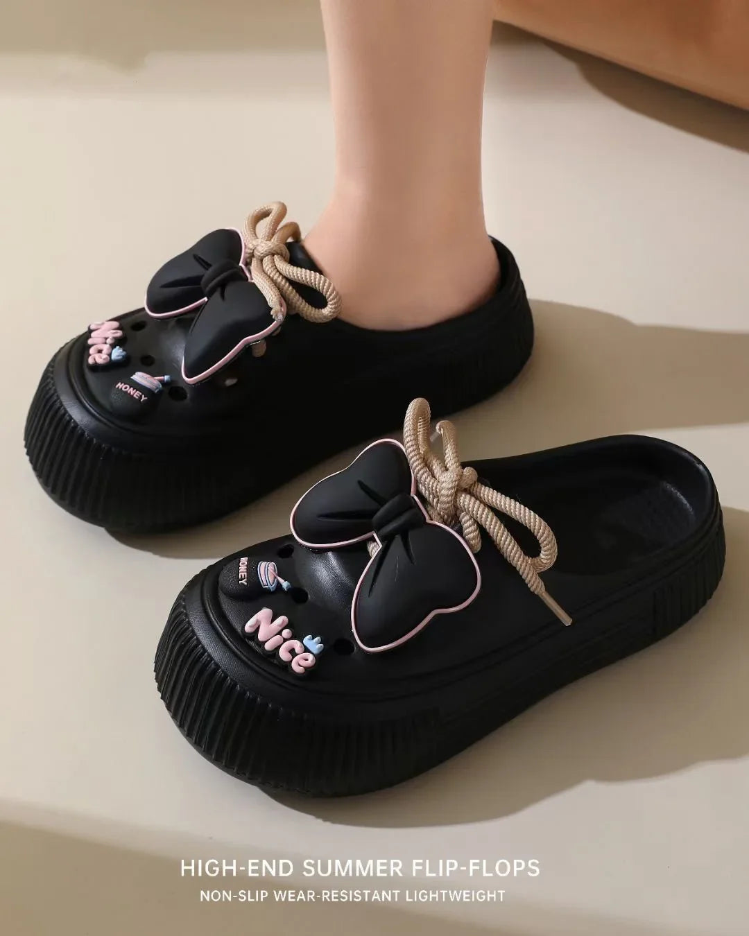 Women Fashion Clogs DIY Cute Bowknot Summer Platform Shoes Female Home Street Slippers Soft EVA Close Toe Girls Beach Sandals