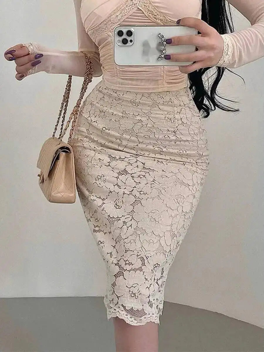 Pure Desire Style High Waist Back Slit Lace Bodycon Midi Skirt Fashion Slim Women Long Skirts PNC2