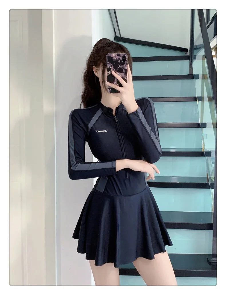 New plus size women's dress one-piece fresh women's swimsuit conservative slim fit long sleeved hot spring swimsuit