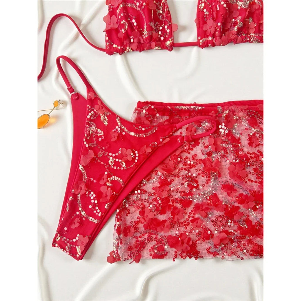 S - XL Three-pieces Bikini set With Skirt Flowers Sequins Bikini Female Swimsuit Women Swimwear Bather Bathing Suit Swim V7864