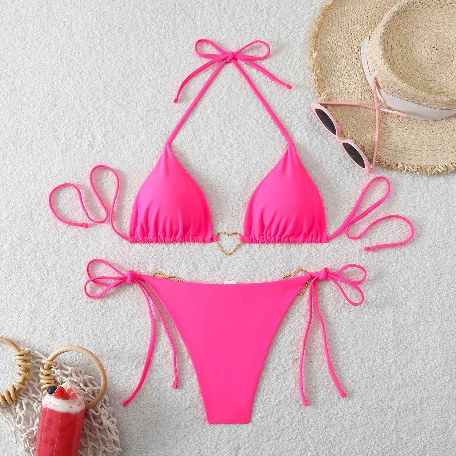 Sexy Metal Heart Ornament Bikini Set 2026 Women Blue Pink Halter Push Up Bra Thong Swimsuit Beach Bathing Suit Vacation Swimwear