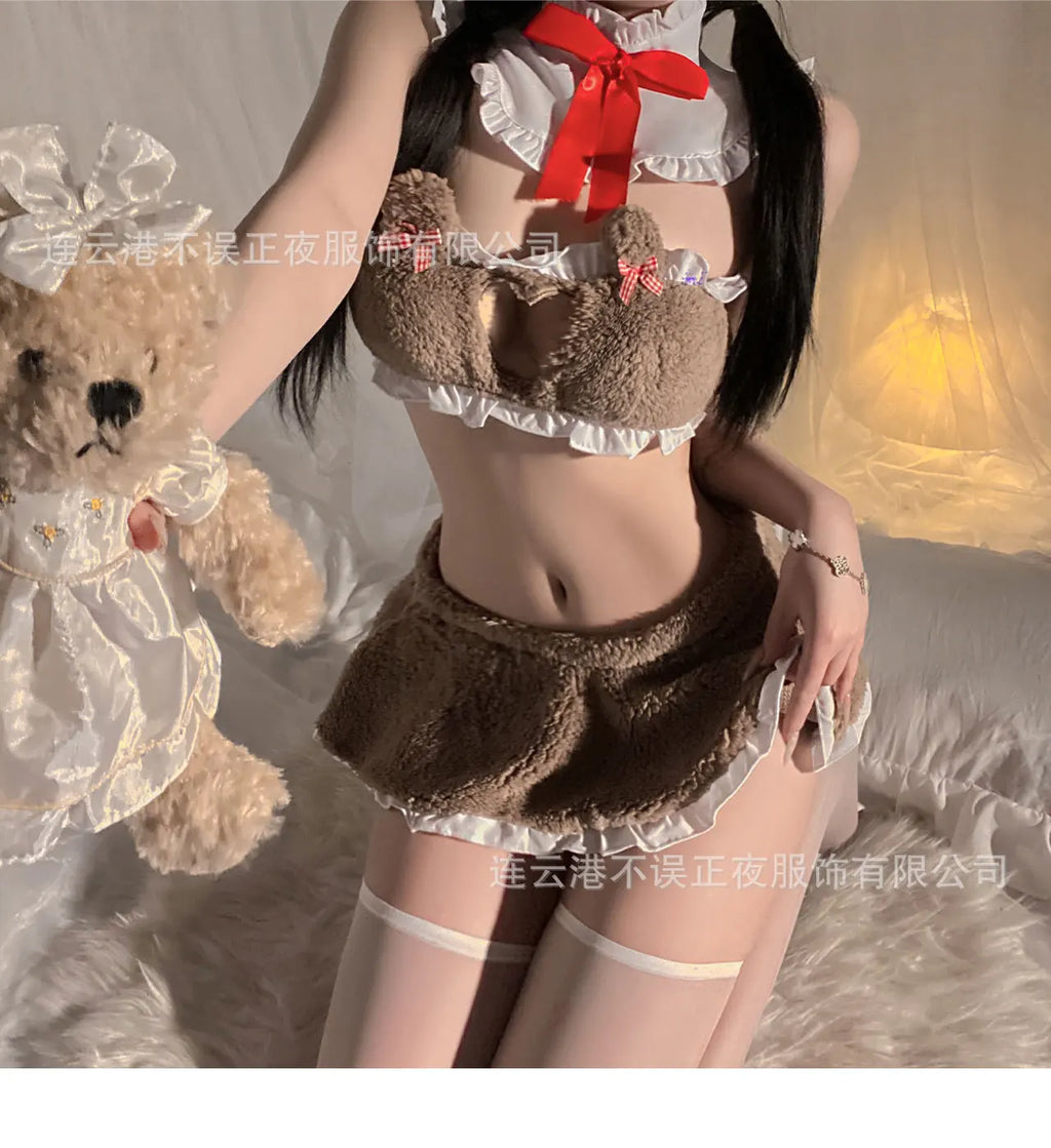 New sexy lingerie red cute outfits for women teddy bear plush chiffon skirt set pure desire love uniform set qqny suit FCXX
