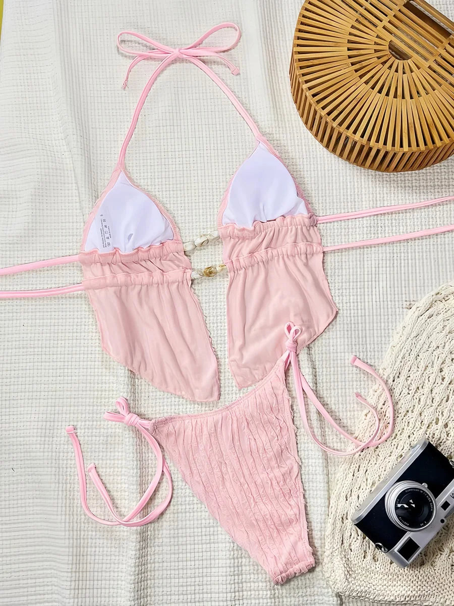 S - XL Wrinkled Tankini Halter Micro Bikini Women Swimwear Female Swimsuit Two-pieces Bikini Set High Cut Bathing Suit Swim Lady