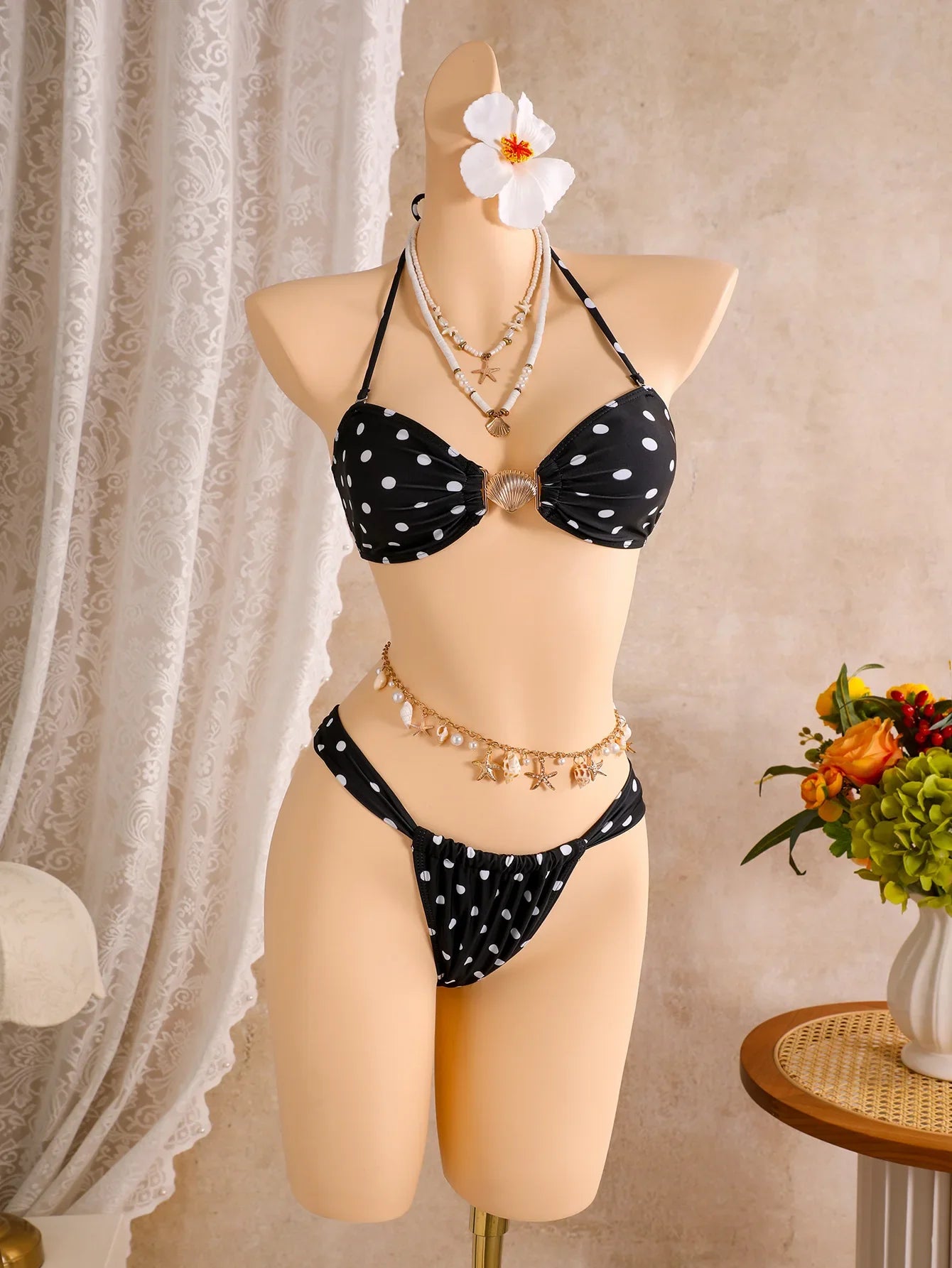 Polka Dots with Mesh Skirt Halter Shell Bikini Women Swimwear Female Swimsuit Three-pieces Bikini Set Bather Bathing Suit Swim