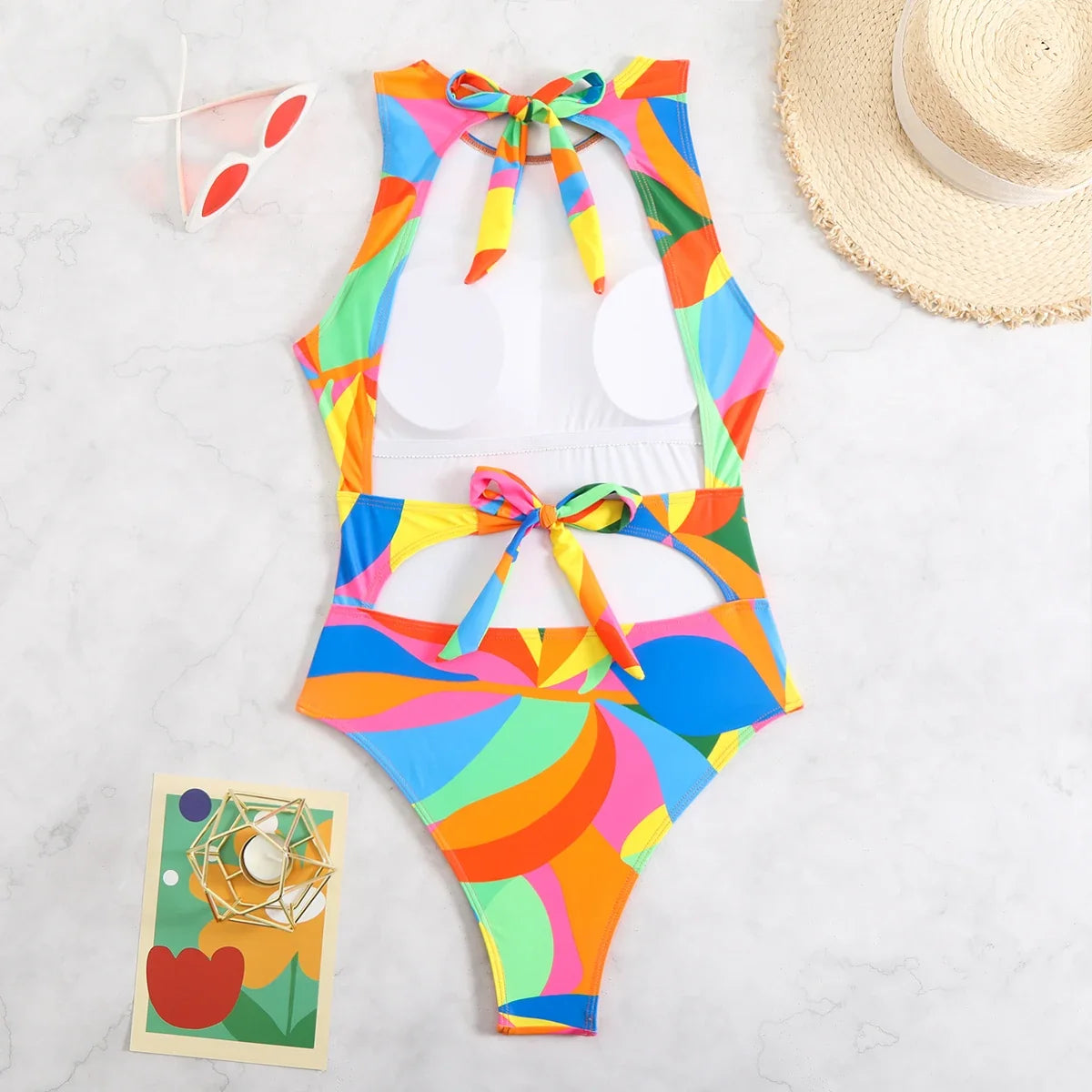 2026 Color Block Swimsuit One Piece Backless Printed Swimwear Women Bathers Bathing Swimming Swim Suit Padded Beachwear Summer