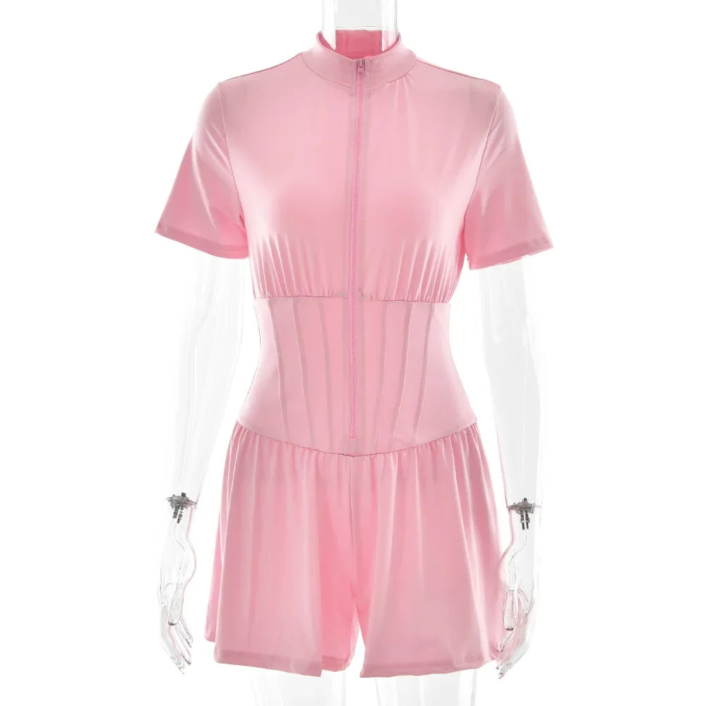 FDYOUI New 2026 Summer Zip-up Corset Playsuits Women Casual Short Sleeve Sports Fitness Overalls One Piece Tunics Yoga Bodysuit