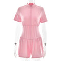 FDYOUI New 2026 Summer Zip-up Corset Playsuits Women Casual Short Sleeve Sports Fitness Overalls One Piece Tunics Yoga Bodysuit