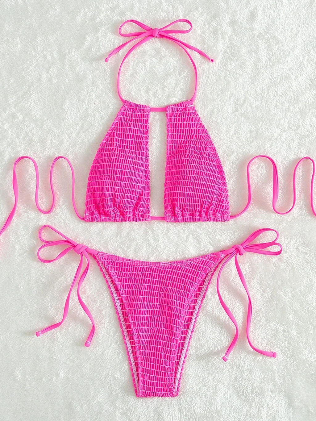 2025 Halter Tie Side Hollow Out Smocked Bikini Women Swimsuit Female Swimwear Two Pieces Bikini Set Swim Bathing Suit Beach Wear