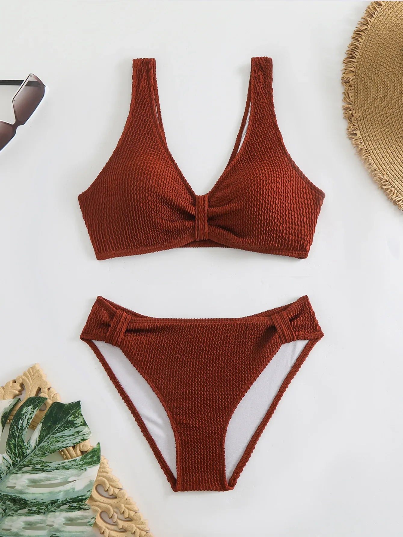 2026 Summer New Women's 2 Piece Swimsuit Solid Color High Waist Bikini Set V-neck Backless Beach Vacation Bathing Suit Swimwear