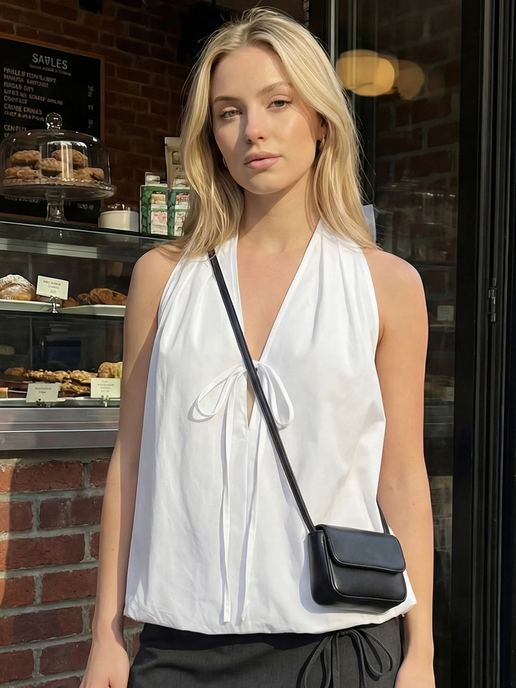 Women Fashionable Solid Color Summer Halter Tops Deep V Neck Sleeveless Backless Bubble Hem Vest