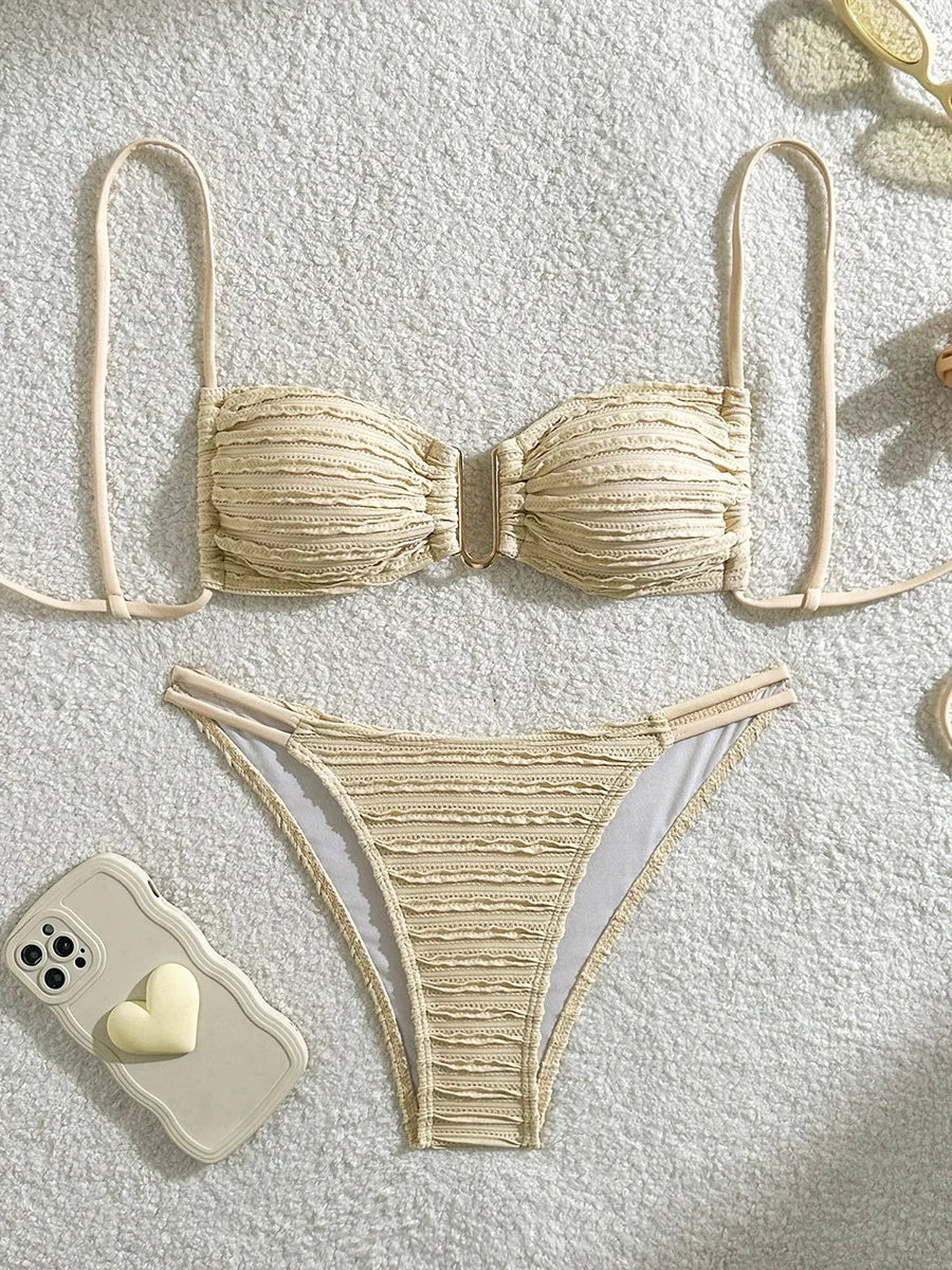 2026 Wrinkled U Ring Bandeau Bikini Women Swimwear Female Swimsuit Two-pieces Bikini Set Bather Pool Bathing Suit Swim Beachwear