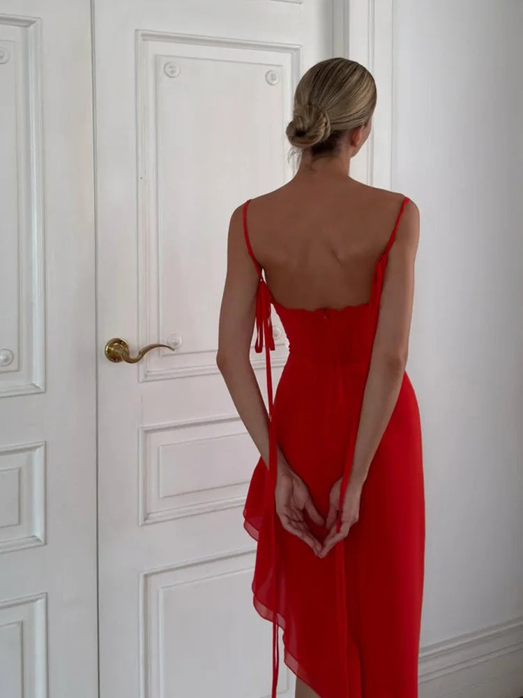 Ahagaga Fashion Women Straps Dresses Solid Square Collar Asymmetricl Bandage Slim Fit Elegant Summer Zipper Female Vestidos Robe