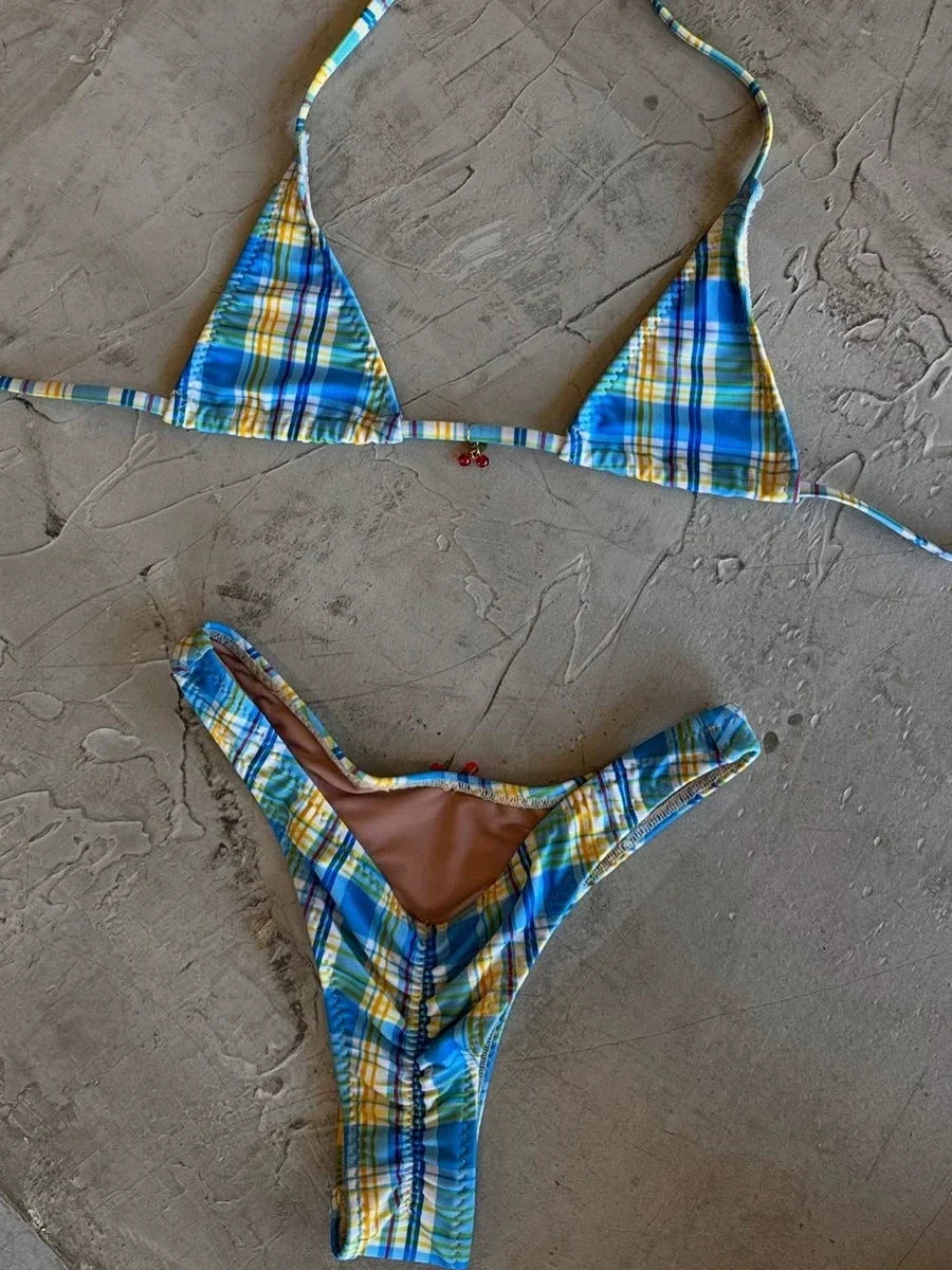Sexy Blue Plaid Micro Bikini 2025 Women Halter Push Up Bra Bow Thong Swimsuit Summer Holiday Bathing Suit Triangle Swimwear