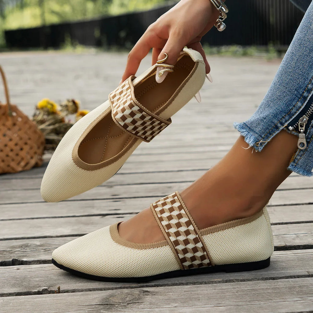 Knitted Color-block Women's Flat Shoes Dressy Ballet Flats Casual striped straps Pointed Toe Loafers Female Daily Shoes Big Size