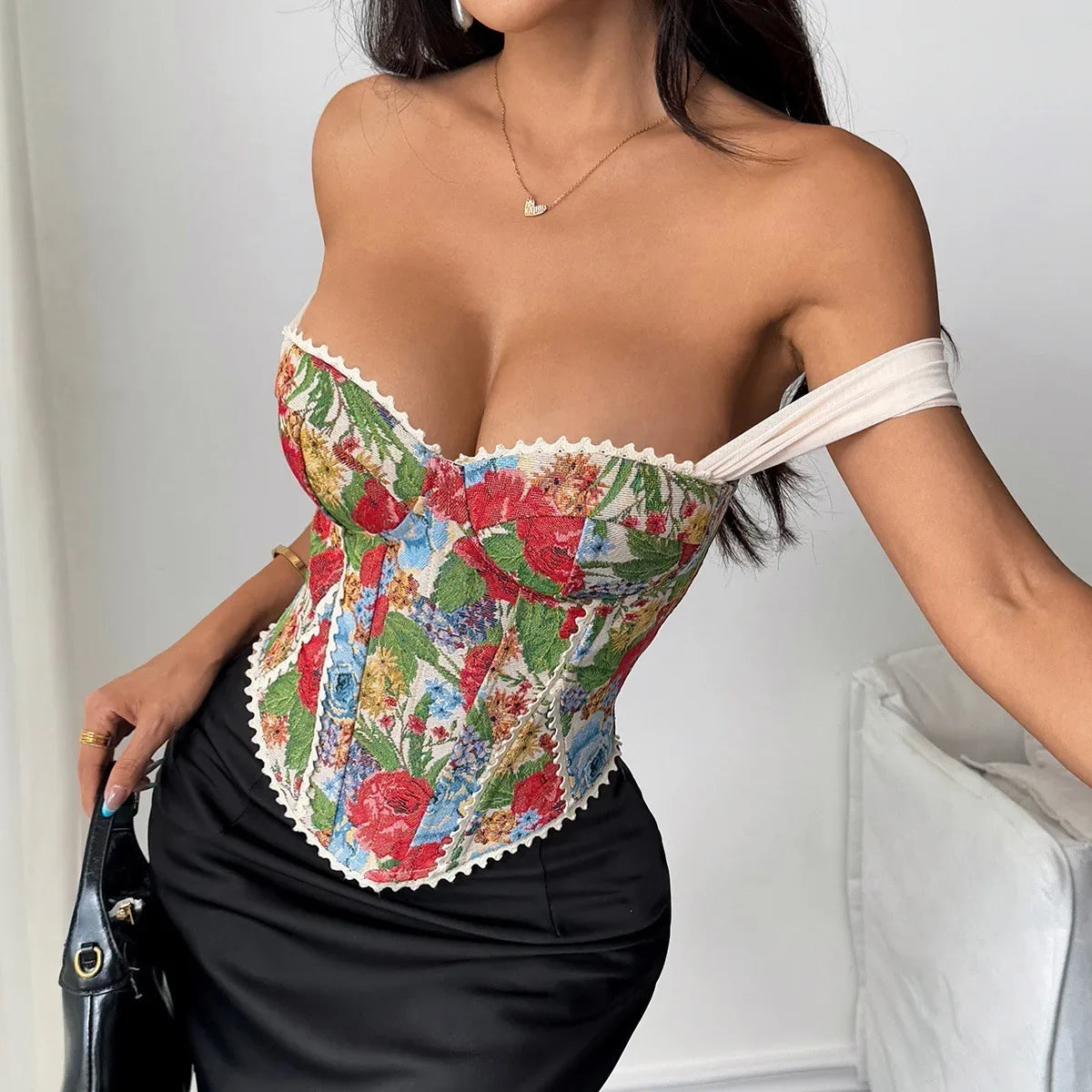 Retro Red Floral Print Corset Tank Top Sexy Back Criss Cross Bandage Bustier Lace Trim Night Club Party Slim Fishbone Camisole